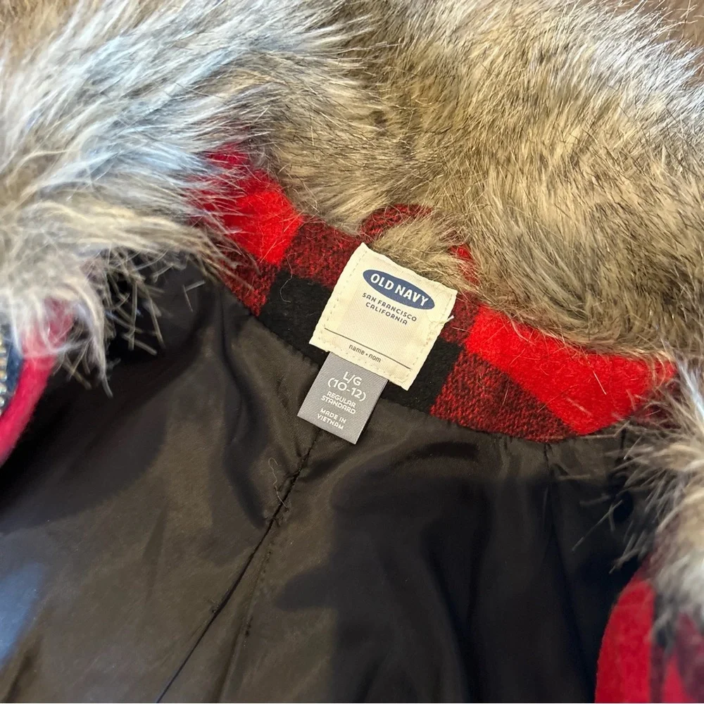 Red Black Buffalo Plaid Jacket Holiday winter coat chic sz 10/12